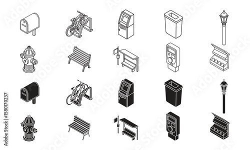 Urban Public Objects Icon Set Isometric Outline Vector Icons of City Infrastructure and Street Elements