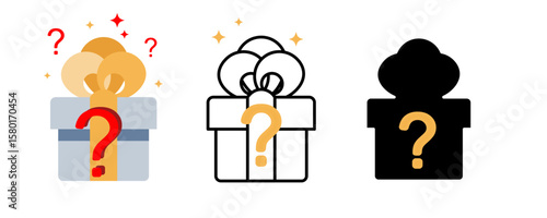 Mystery gift box icon set. Surprise present giftbox outline with question mark, quest gift box