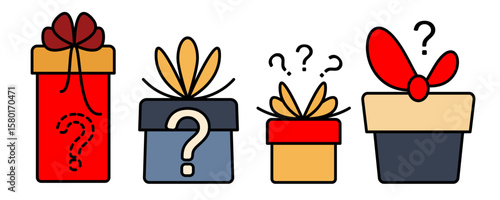Mystery gift box icon set. Surprise present giftbox outline with question mark, quest gift box