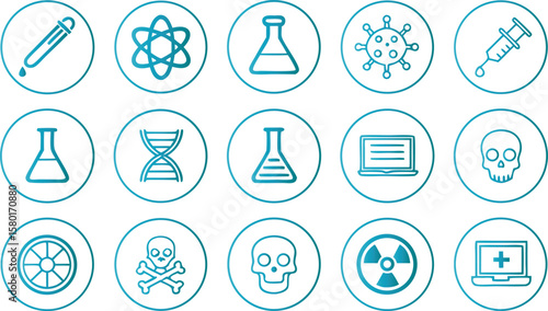 Blue science and medical icons in circular frames gradient