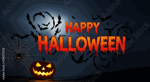 Spooky Halloween Scene with Glowing Pumpkin and Flying Bats.