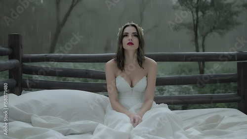 Woman in white wedding dress sitting in rain, looking down