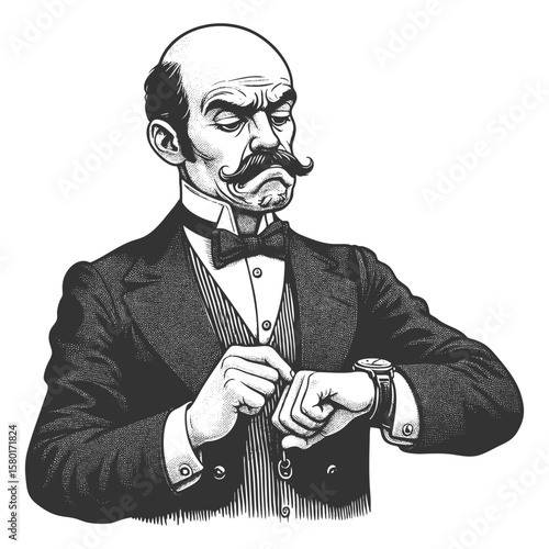 Victorian man in formal attire looking at a wristwatch with impatience and disapproval sketch engraving generative ai fictional character vector illustration. Scratch board. Black and white image.