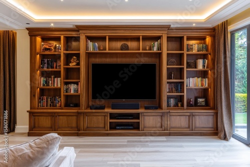A living room with a large wooden entertainment center and a flat screen TV. Modern living room interior with blank TV screen on wooden cabinet bookshelves on each side light background.