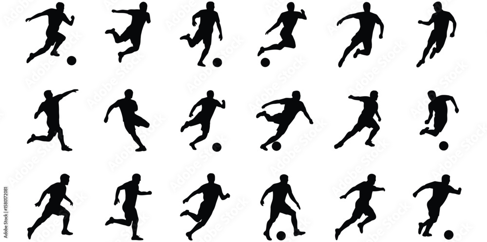 football. football player. ball. game. football field. sport. black color. a shadow. man. shape. Vector art of silhouettes of soccer players in action, isolated on white background football. football player. ball. game. football field. sport. black color. a shadow. man. shape. Vector art of silhouettes of soccer players in action, isolated on white background