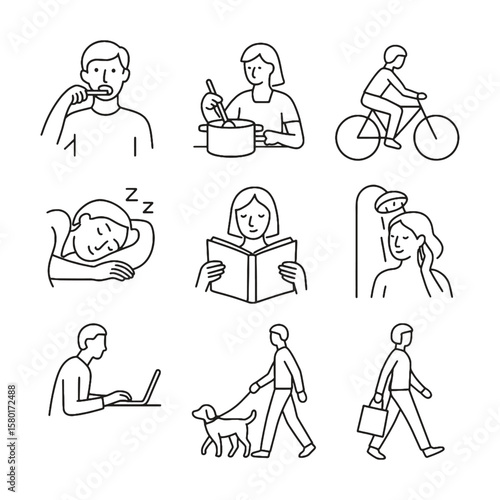 Line drawing icons of daily activities like brushing teeth, cooking, biking, showering, reading, walking dog, and more.
