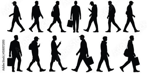  business people walking Silhouettes, men and women full length front, side, back view. Vector art of a collection of walking man silhouettes in various poses and with different accessories