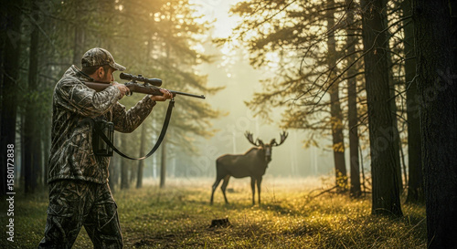 Hunter man in camouflage aiming a rifle at a moose in a misty forest at sunrise. hunting season adventure.