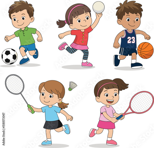 PrintCute cartoon kids playing soccer, basketball, tennis, badminton, volleyball, active children sports vector illustration, healthy lifestyle, outdoor game fun