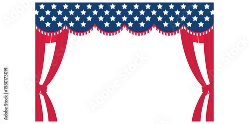 Theater red and white curtains and a blue valance with white stars. American holiday flat concept. Festive background with curtains.isolated on white background