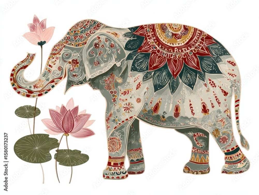 Obraz premium Tribal Elephant: Stylized Ethnic Indian Tattoo Symbol with Lotus Flower Decoration
