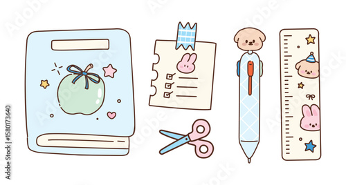 Cute Stationery and School Supplies Set with Kawaii Animals. Sweet Hand-Drawn Planner and Office Elements.