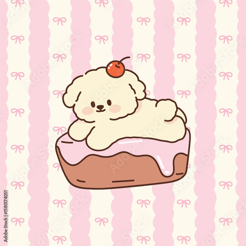 Cute Cartoon Dog on a Cake Illustration
