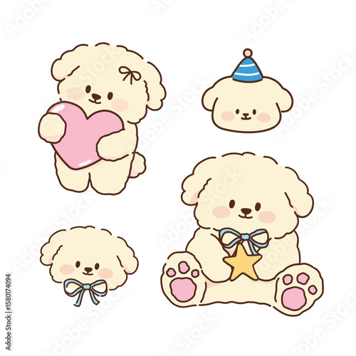 Cute puppy doodle vector set. Hand drawn Cartoon kawaii style. Pastel soft colors vector illustration.