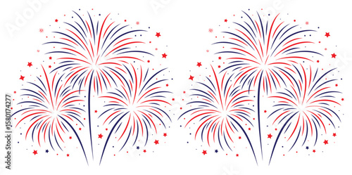 Fireworks on a white background Vector illustration.Vector art of a burst of red and blue fireworks for independence day, isolated on white background