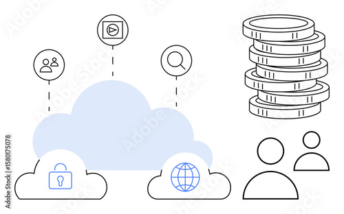 Cloud platforms with lock, globe, and people icons represent security, global connectivity, and collaboration. Stacked coins symbolize financial growth. Ideal for technology, finance, security