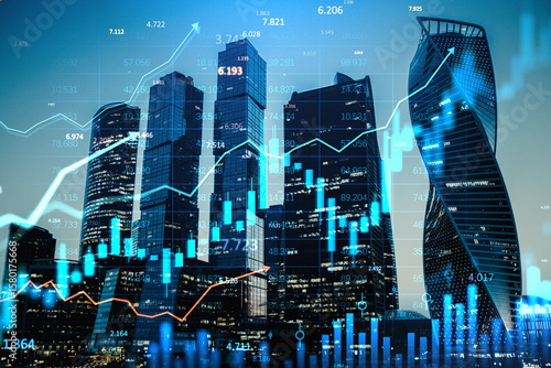 Photography Real estate investment and financial market growth in Moscow city skyline at evening with upward trend charts and holographic data overlays