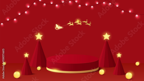 Podium Christmas. Red podium for product display presentation with christmas tree, santa claus, reindeers, star and ornament on the stage. Stand product showcase on red background. Christmas backgroun