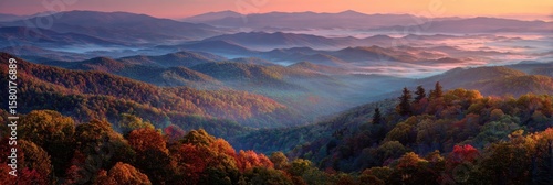 Western North Carolina. Sunrise Over Blue Ridge Parkway Park with Autumn Fog in the Background