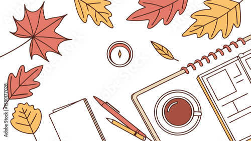 Cozy autumn flat lay featuring colorful fallen leaves a steaming cup of coffee a notebook pens and a compass on a white background
