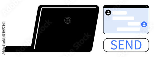 Open laptop with global indication, messaging chat window showing user profiles, and Send button. Ideal for communication, workflow, digital tools, online chat, teamwork, outreach simple landing