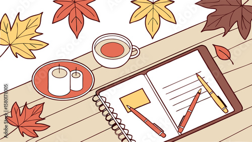 Cozy autumn scene with a warm cup of tea lit candles and an open notebook with pens on a wooden table surrounded by colorful fallen leaves