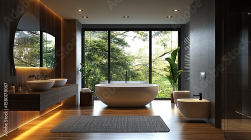 Luxury bathroom with high-end fixtures, stylish decor, modern lighting, and sleek surfaces, 3D illustration.