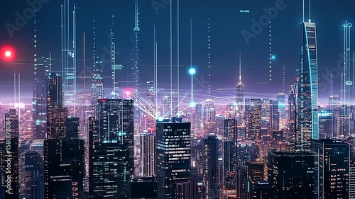 Wallpaper Mural Nighttime city skyline illuminated with digital overlays, showcasing technology and urban life Torontodigital.ca