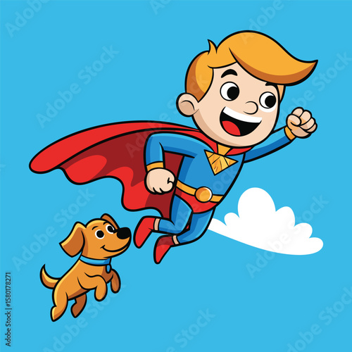 Cartoon illustration of a boy dressed as a superhero flying with his dog in a blue sky background