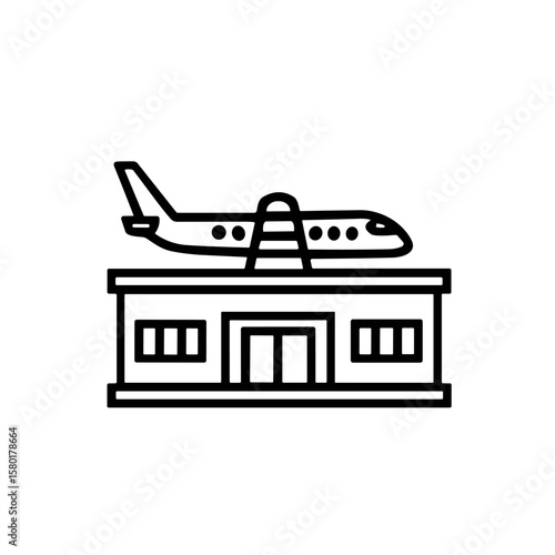 A minimalist line art icon depicting an airplane positioned atop an airport terminal building with a control tower, symbolizing air travel and aviation.