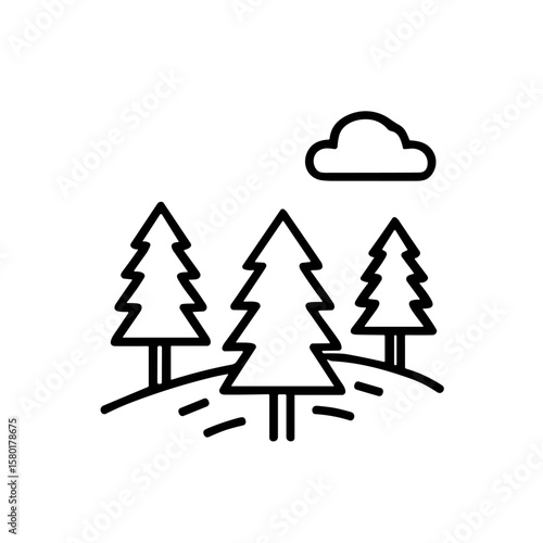 Minimalist black outline icon depicting a natural landscape with three pine trees on rolling ground and a cloud in the sky.