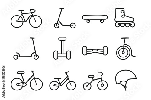 Black and white icons of bikes, scooters, skateboards, and helmets
