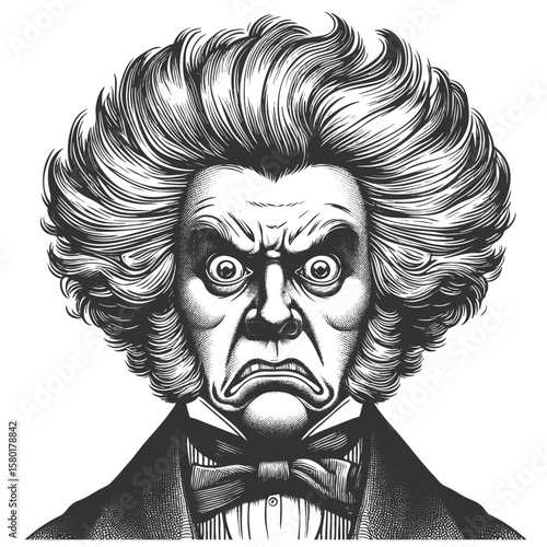 Funny furious man with exaggerated wild hair, intense eyes in vintage attire sketch engraving generative ai fictional character vector illustration. Scratch board. Black and white