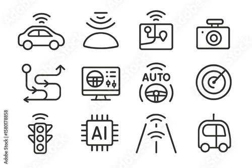 Autonomous driving technology icons with ai and navigation elements