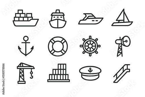 Nautical icons set: ships, anchor, lifebuoy, helm, lighthouse