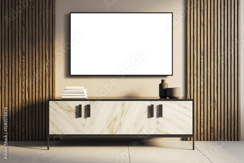 Fototapeta Naklejka Na Ścianę i Meble -  Modern marble sideboard against wood panel wall with blank TV screen for branding or design mockup in contemporary home interior space. 3D Rendering