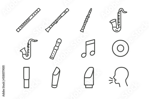 Musical instruments outline: flute, clarinet, saxophone, music notes, cd