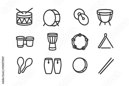 Set of twelve percussion instrument icons in black outline design