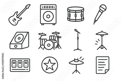 Musical instrument icons set featuring guitar, microphone, and drum kit