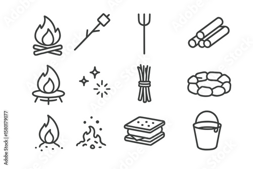 Camping icons set: campfire, marshmallow stick, logs, fire pit, s'mores, bucket
