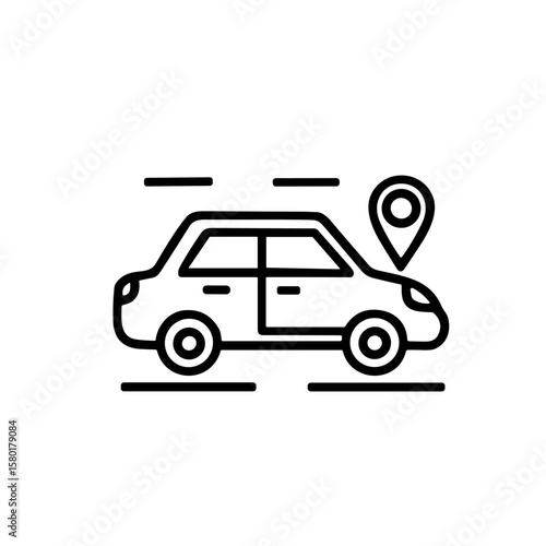 A line art icon of a moving car with a GPS location pin, representing navigation or a destination.