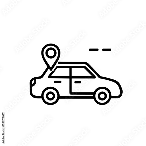 A minimalist line art icon depicting a car with a location pin above it, symbolizing navigation or ride-sharing services.