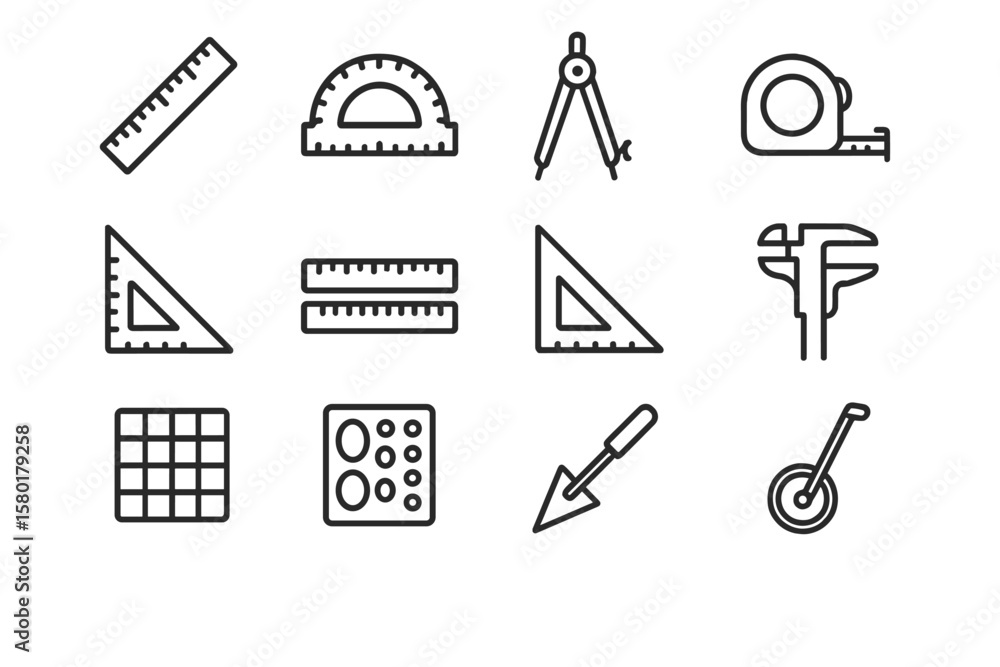 Fototapeta premium Engineering tools: ruler, protractor, compass, caliper, tape measure icons