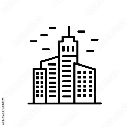 A minimalist black and white line art icon depicting a modern city skyline with multiple buildings and abstract communication signals.