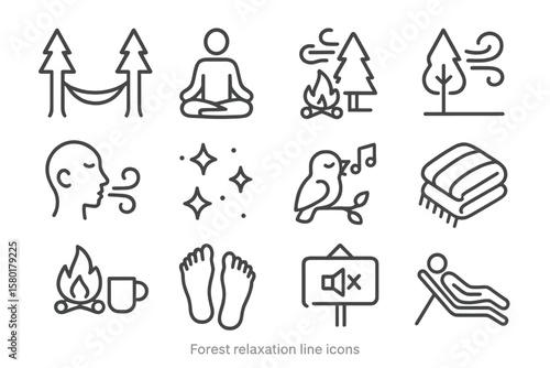 Forest relaxation line icons with nature and meditation symbols