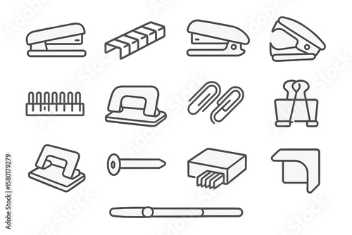 Office supplies illustration: staplers, paper clips, binder clips, hole punches