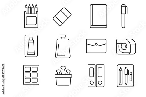 Office stationery icons: pencils, eraser, notebook, pen, tape, folders