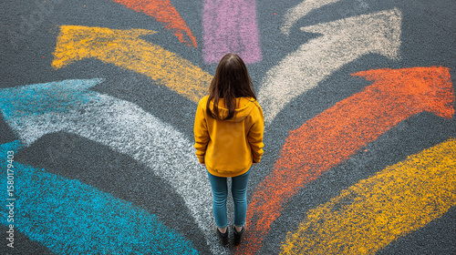 Choosing future profession. Girl standing in front of drawn signs on asphalt, top view. Arrows pointing in different directions as diversity of opportunities