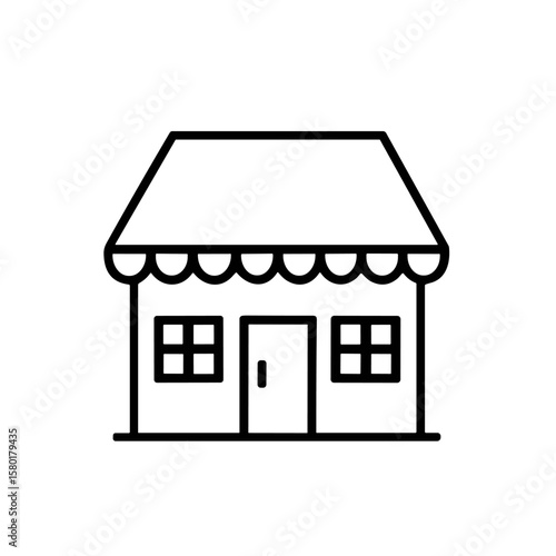 A simple black outline icon depicting a small shop or house with a scalloped awning, a door, and two windows.