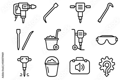 Silhouette icons of tools and equipment for construction and safety